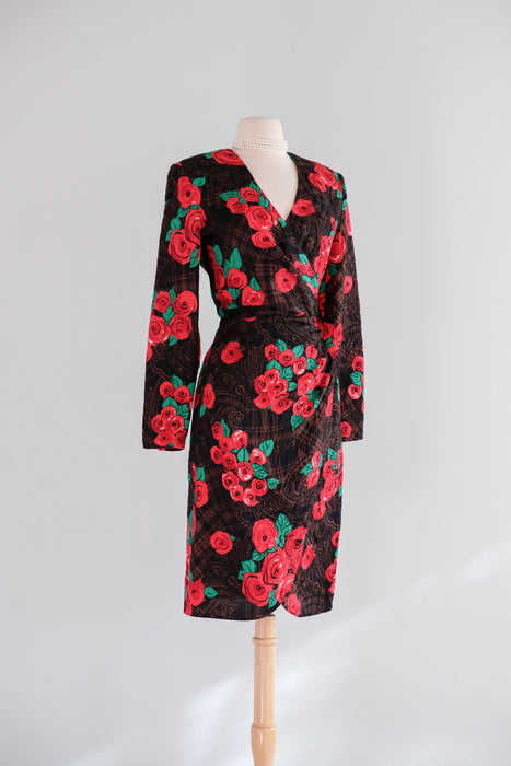 Classic 1980's Red Roses & Plaid Print Silk Dress by Louis Feraud / Small