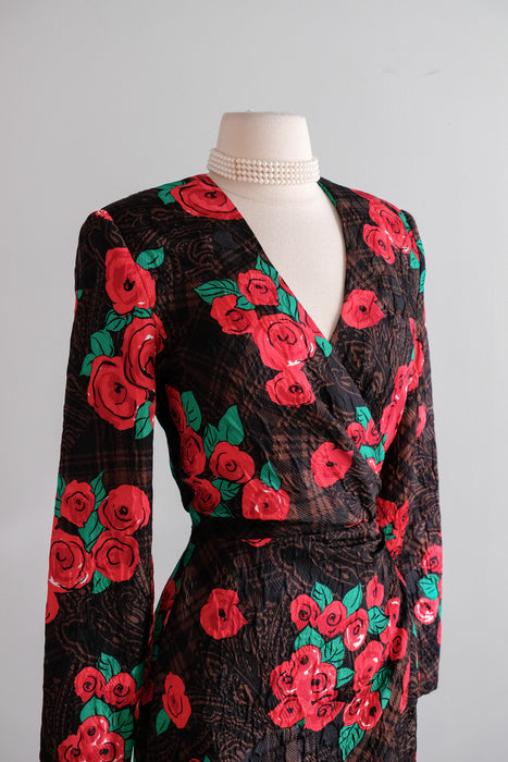 Classic 1980's Red Roses & Plaid Print Silk Dress by Louis Feraud / Small