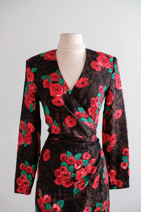 Classic 1980's Red Roses & Plaid Print Silk Dress by Louis Feraud / Small