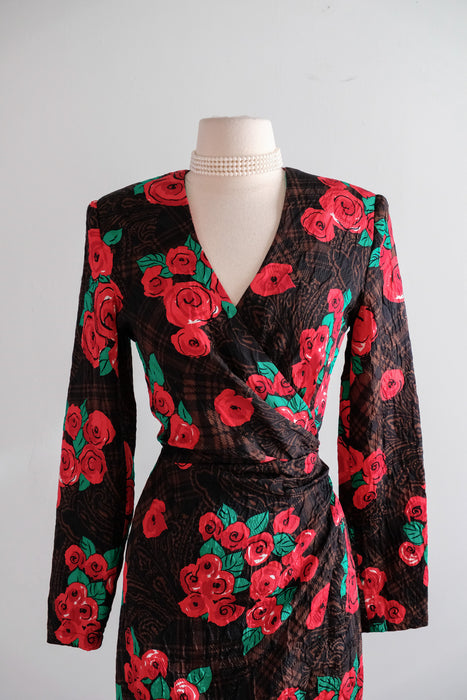 Classic 1980's Red Roses & Plaid Print Silk Dress by Louis Feraud / Small