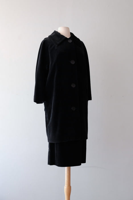 Amazing 1960's Black Corduroy Chore Coat and Skirt Set By Tabak / Sz S