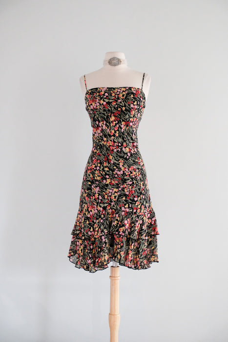 Vintage Y2K Floral Rayon Bias Cut Chiffon Party Dress with Tiered Ruffle Skirt by Lily / M