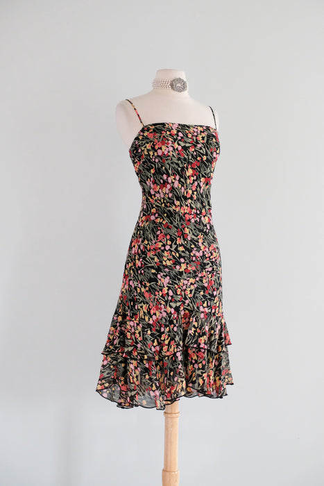 Vintage Y2K Floral Rayon Bias Cut Chiffon Party Dress with Tiered Ruffle Skirt by Lily / M