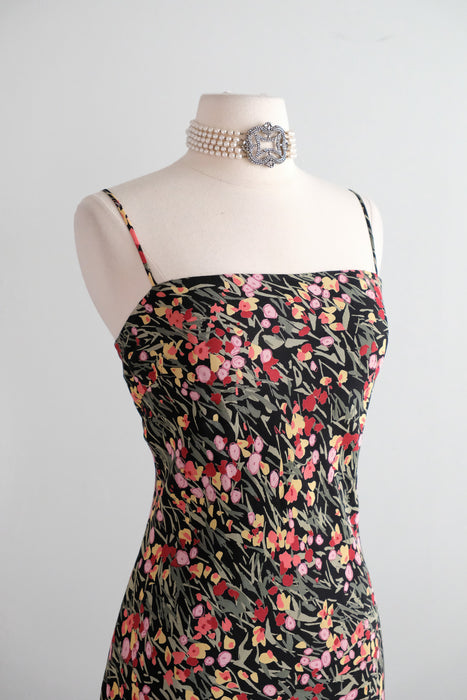 Vintage Y2K Floral Rayon Bias Cut Chiffon Party Dress with Tiered Ruffle Skirt by Lily / M