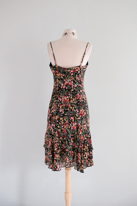 y2k floral dress Vintage Y2K Floral Rayon Bias Cut Chiffon Party Dress with Tiered Ruff –  Xtabay Vintage