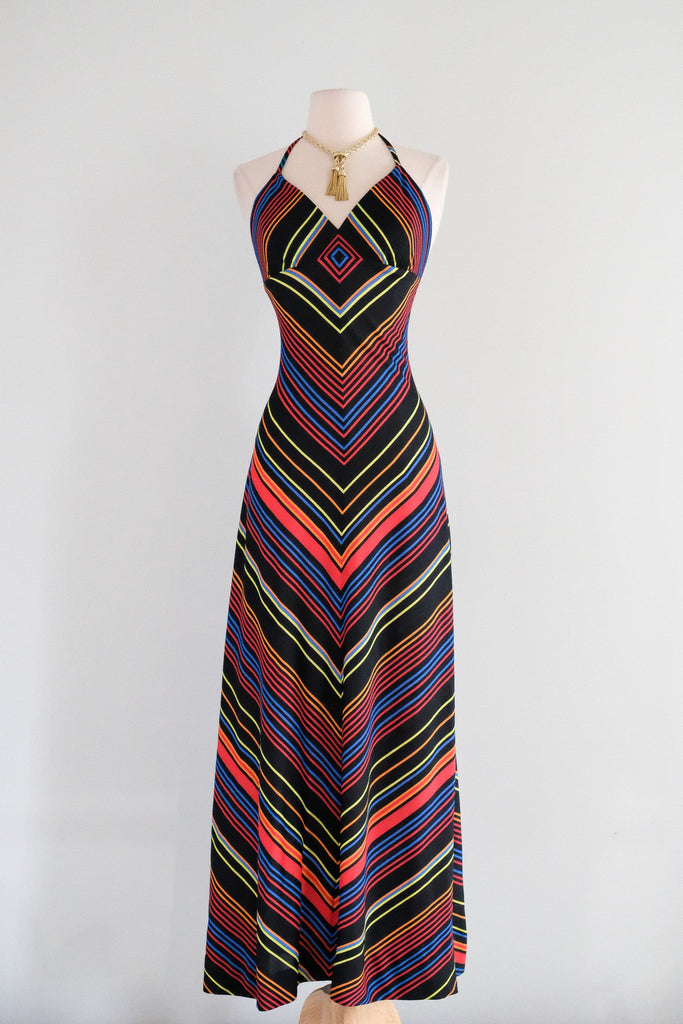 70s halter neck dress Vintage 1970's Prismatic Rainbow Chevron Stripe Gown / S – Xtabay Vintage 1970s halter dress