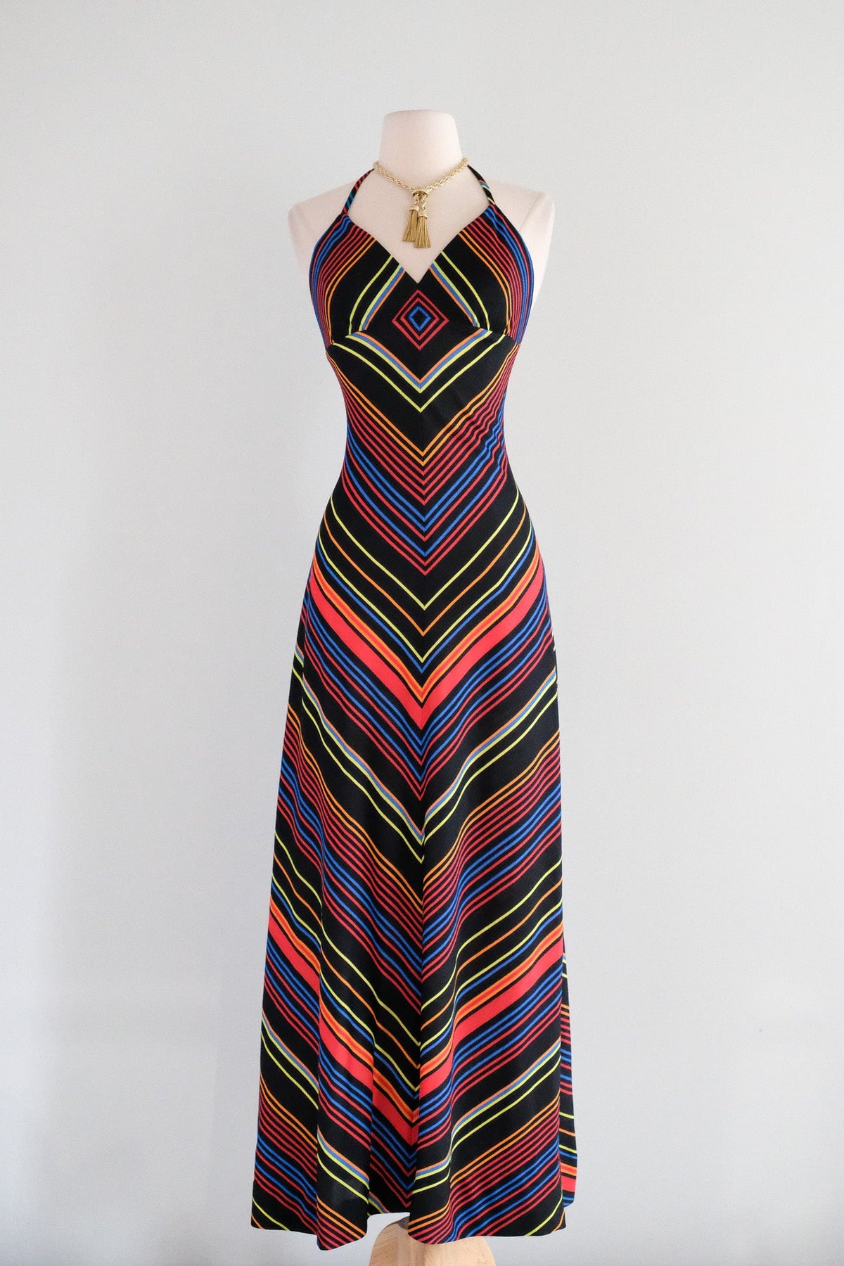 halter neck 70s dress Vintage 1970's Prismatic Rainbow Chevron Stripe Gown / S – Xtabay Vintage retro 70s halter top