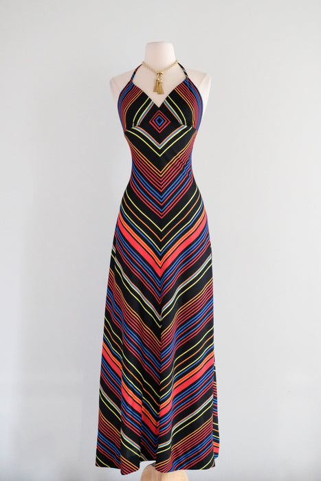 70s halter dress Vintage 1970's Prismatic Rainbow Chevron Stripe Gown / S – Xtabay Vintage thigh-high slit