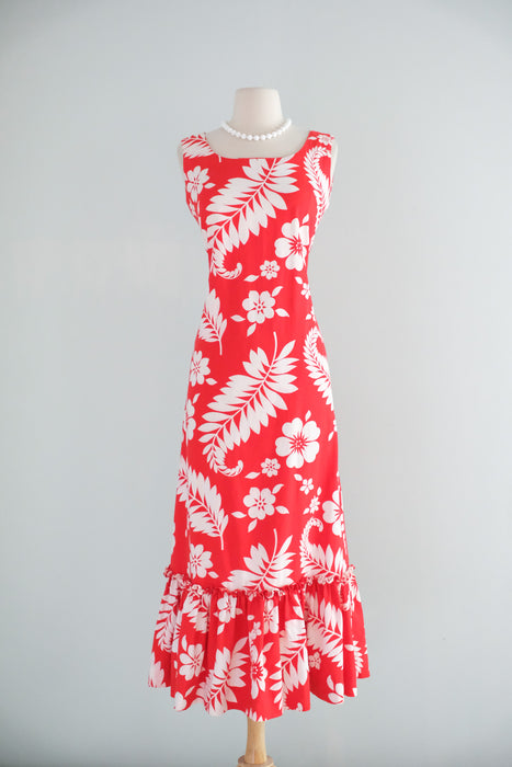Vintage 1960's Red & White Canvas Cotton Hawaiian Gown / S