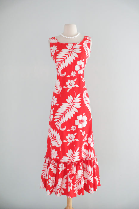 Vintage 1960's Red & White Canvas Cotton Hawaiian Gown / S