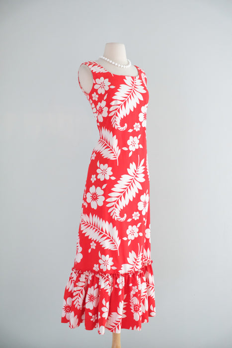 Vintage 1960's Red & White Canvas Cotton Hawaiian Gown / S