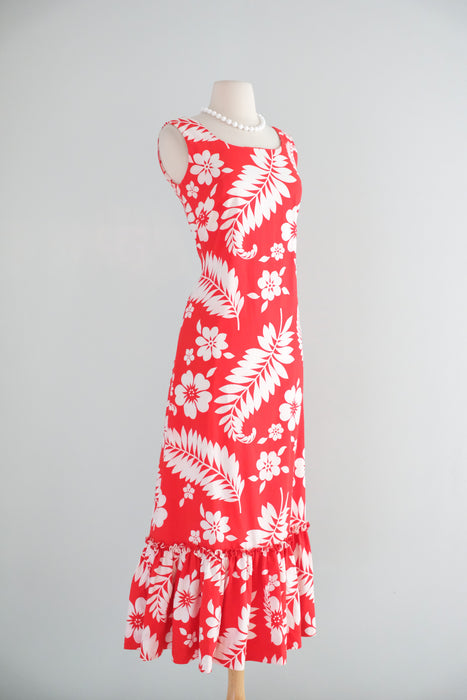 Vintage 1960's Red & White Canvas Cotton Hawaiian Gown / S