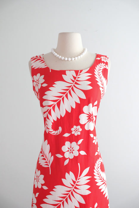 Vintage 1960's Red & White Canvas Cotton Hawaiian Gown / S