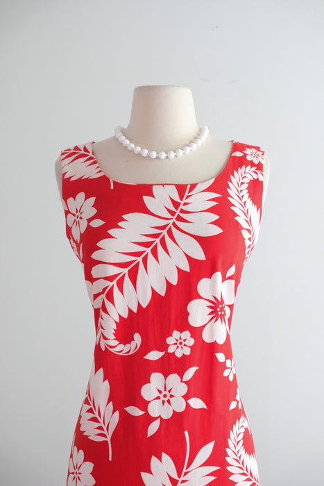 Vintage 1960's Red & White Canvas Cotton Hawaiian Gown / S