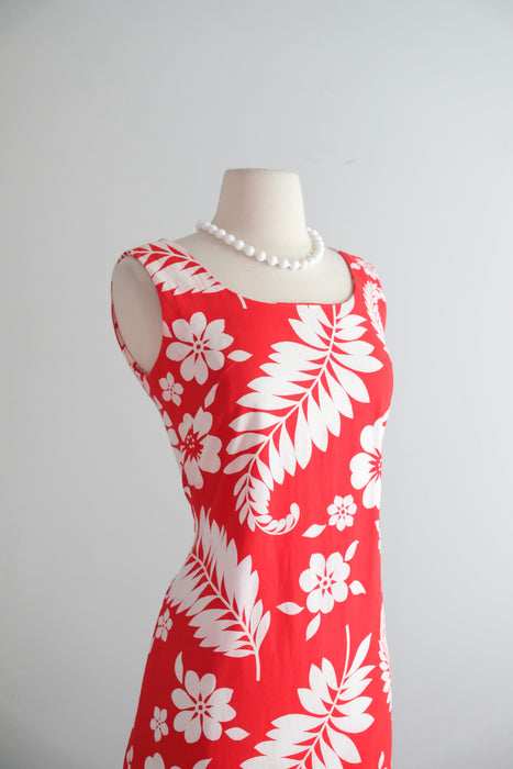 Vintage 1960's Red & White Canvas Cotton Hawaiian Gown / S