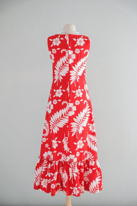 Vintage 1960's Red & White Canvas Cotton Hawaiian Gown / S