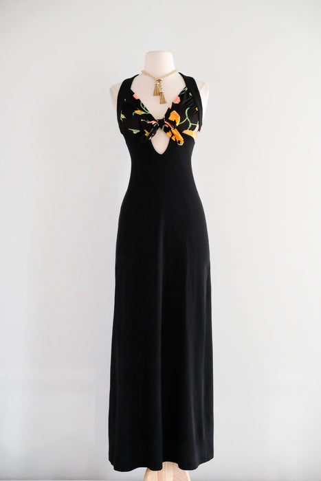 Vintage 1970's Resort-Wear Black Jersey Dress with Floral Bodice / Small