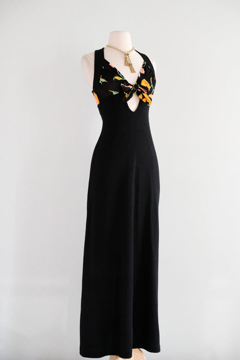 Vintage 1970's Resort-Wear Black Jersey Dress with Floral Bodice / Small