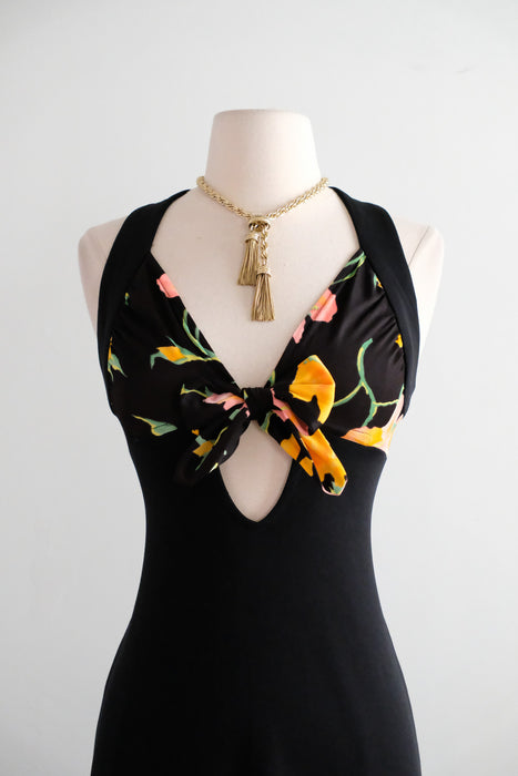 Vintage 1970's Resort-Wear Black Jersey Dress with Floral Bodice / Small