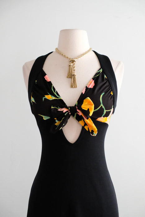 Vintage 1970's Resort-Wear Black Jersey Dress with Floral Bodice / Small