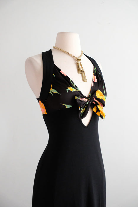 Vintage 1970's Resort-Wear Black Jersey Dress with Floral Bodice / Small