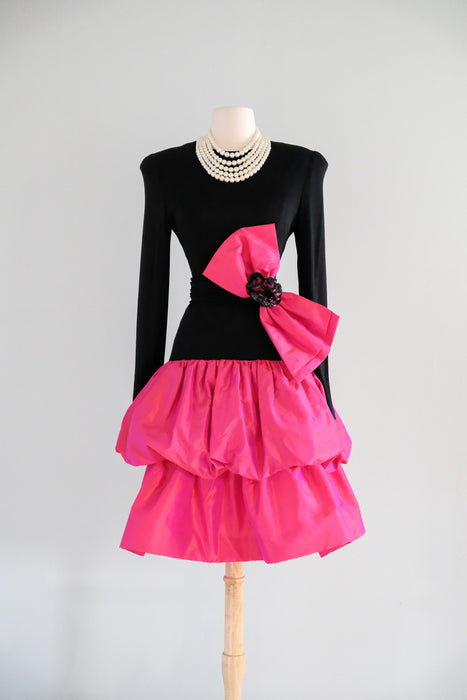 Fabulous 1980's Shocking! Pink Taffeta Party Dress by Lawrence / M