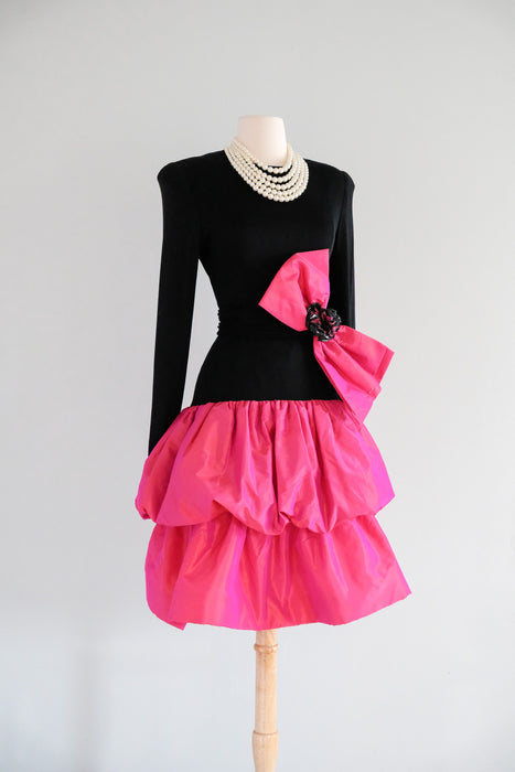Fabulous 1980's Shocking! Pink Taffeta Party Dress by Lawrence / M