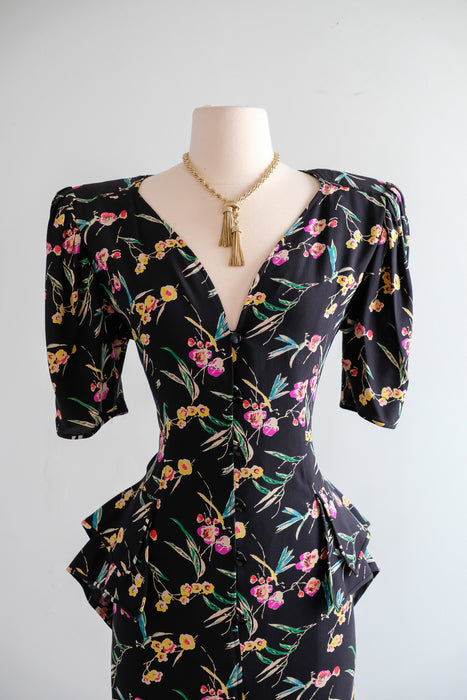 Vintage 1980's Midnight Spring Floral Cocktail Dress by Ungaro / M