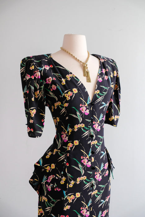 Vintage 1980's Midnight Spring Floral Cocktail Dress by Ungaro / M