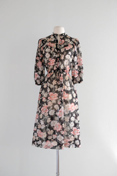 Ethereal 1970's Black Floral Dress/ Sz M