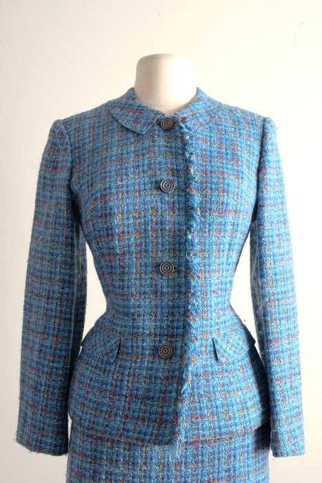 Elegant 1960's Carolina Blue Ladies Tweed Suit / Sz M
