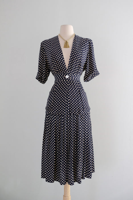 Vintage 1940's Navy & White Polka Dot Ensemble / M