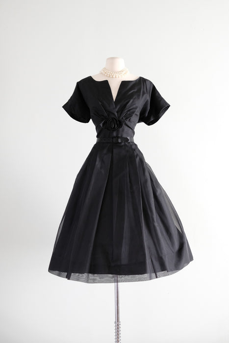 Darling 1950's Chiffon Little Black Party Dress / Sz L