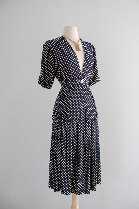 Vintage 1940's Navy & White Polka Dot Ensemble / M