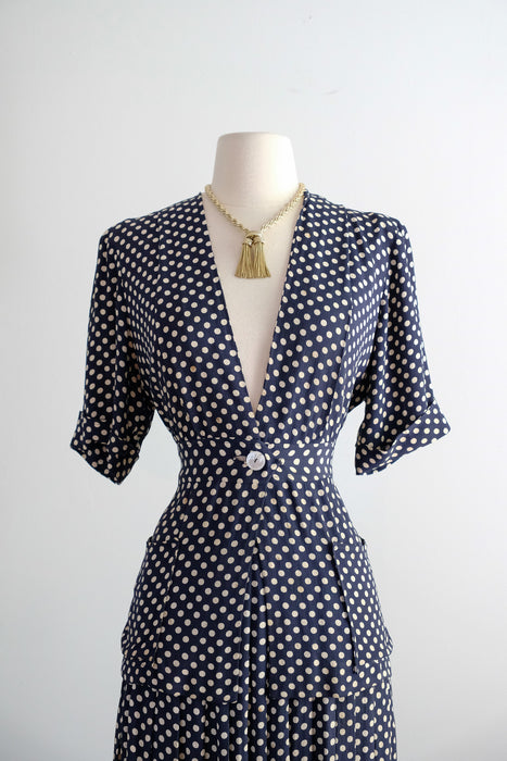 Vintage 1940's Navy & White Polka Dot Ensemble / M
