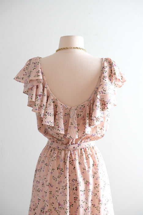 Vintage Late 1970's Pale Pink Floral Dress by John Roberts / M