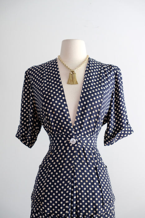 Vintage 1940's Navy & White Polka Dot Ensemble / M