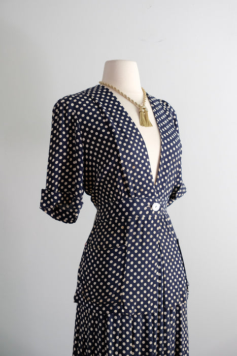 Vintage 1940's Navy & White Polka Dot Ensemble / M