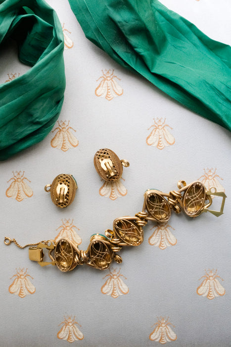 Stunning 1950's Emerald & Gold Multi-stone Bracelet Earring Set