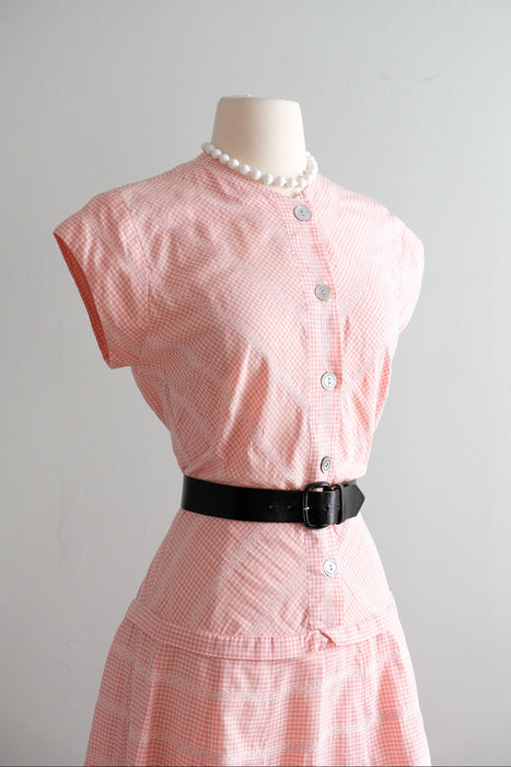 Vintage Late 1940's Pink & White Gingham Cotton Dress by Wildman / SM