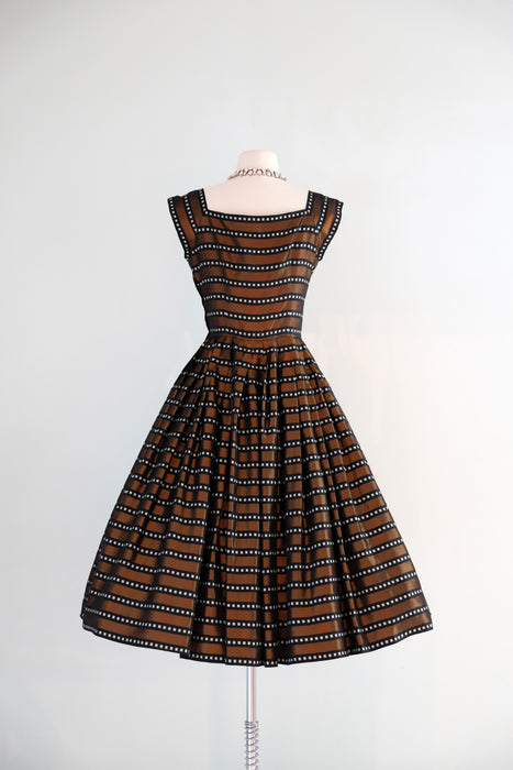 Vintage 1950's Autumnal Box Stripe Copper Taffeta Dress / S Xtabay Vintage Vintage 1950's Autumnal Box Stripe Copper Taffeta Dress / S Xtabay Vintage
