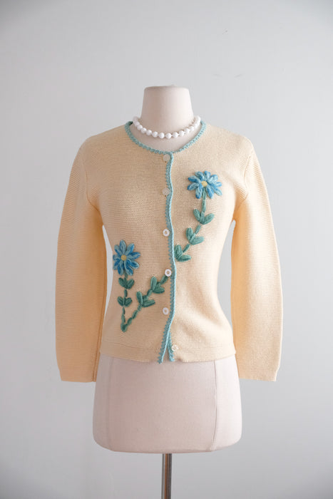Vintage 1960's Blue Daisy Cardigan Sweater by Bobbie Brooks / S