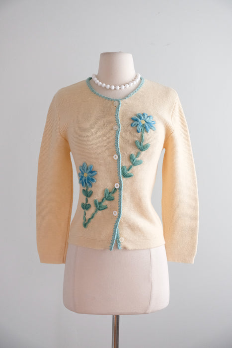 Vintage 1960's Blue Daisy Cardigan Sweater by Bobbie Brooks / S