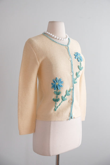 Vintage 1960's Blue Daisy Cardigan Sweater by Bobbie Brooks / S