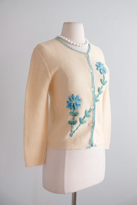 Vintage 1960's Blue Daisy Cardigan Sweater by Bobbie Brooks / S