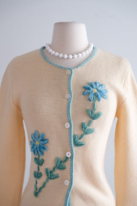 Vintage 1960's Blue Daisy Cardigan Sweater by Bobbie Brooks / S