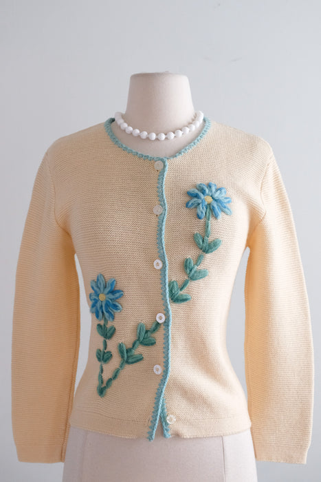 Vintage 1960's Blue Daisy Cardigan Sweater by Bobbie Brooks / S