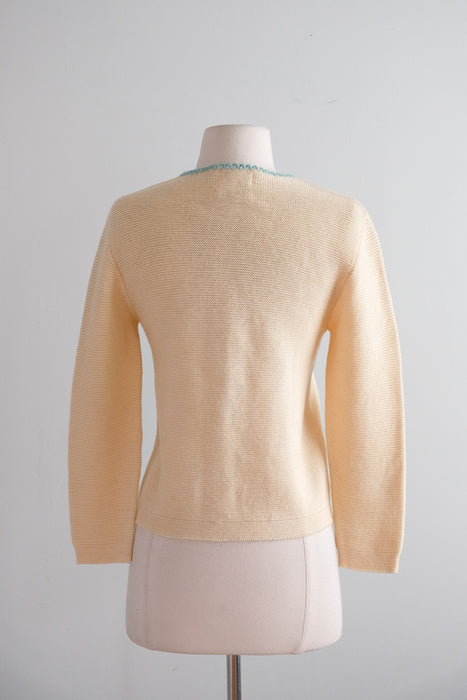 Vintage 1960's Blue Daisy Cardigan Sweater by Bobbie Brooks / S