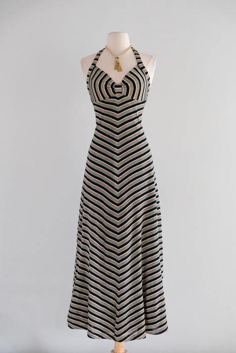 Vintage 1970's Chevron Lurex Jersey Knit Halter Gown by Young Innocent / S