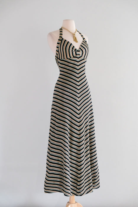Vintage 1970's Chevron Lurex Jersey Knit Halter Gown by Young Innocent / S